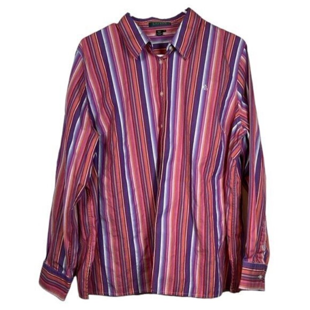 Lauren Ralph Lauren Pink Purple Orange StripedButtoned Blouse Size 1X EUC #4475